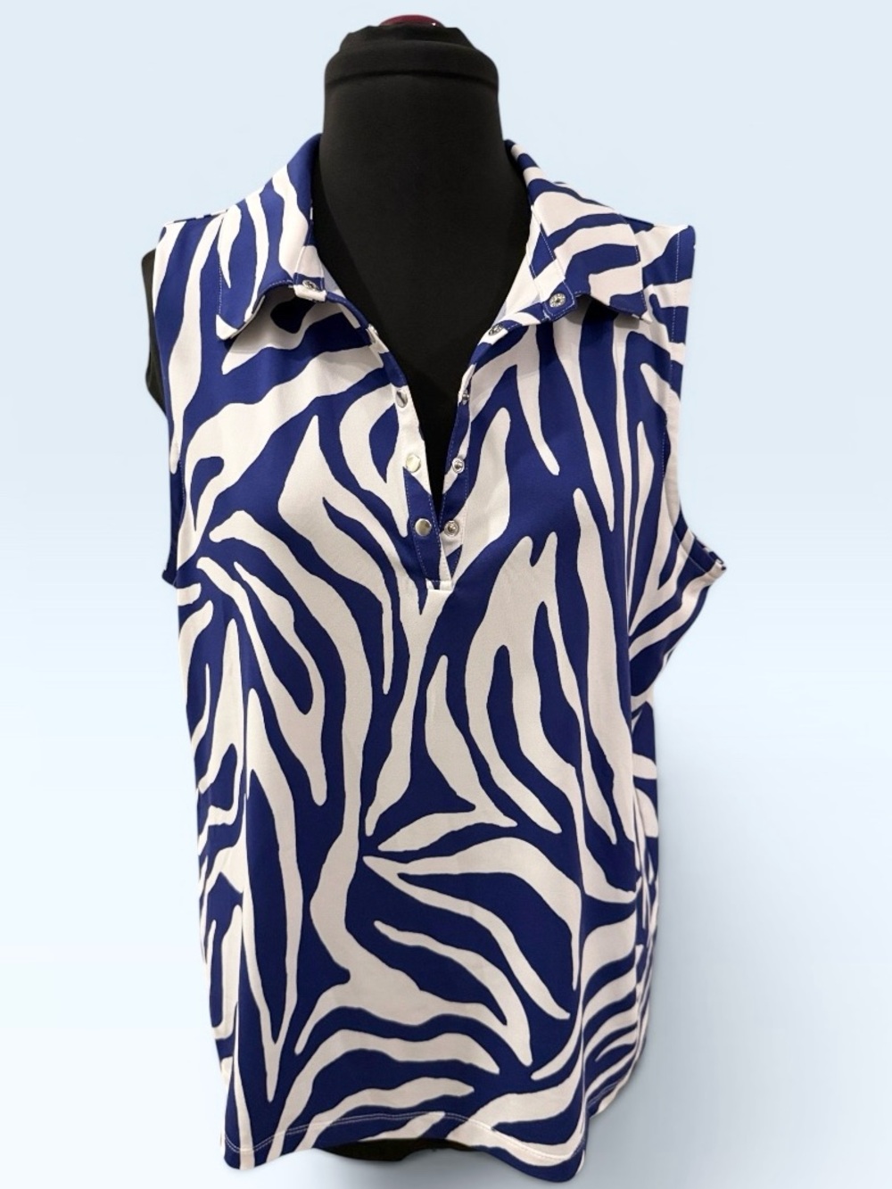 Blue & White Zebra-Print Sleeveless Collared Golf Shirt